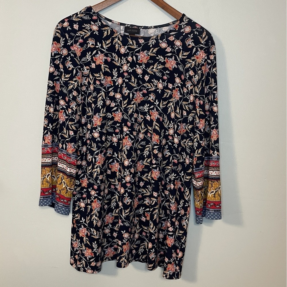 J Jill Top Women M Wearever Multicolor Paisley Tunic Pleated Back 3/4 Sleeve